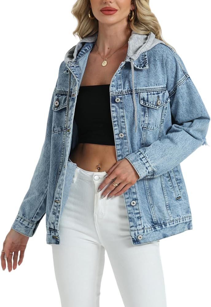 Women's Oversized Denim Jacket Long Distressed Ripped Trucker Jean Jackets Coat With Detachable H... | Amazon (US)