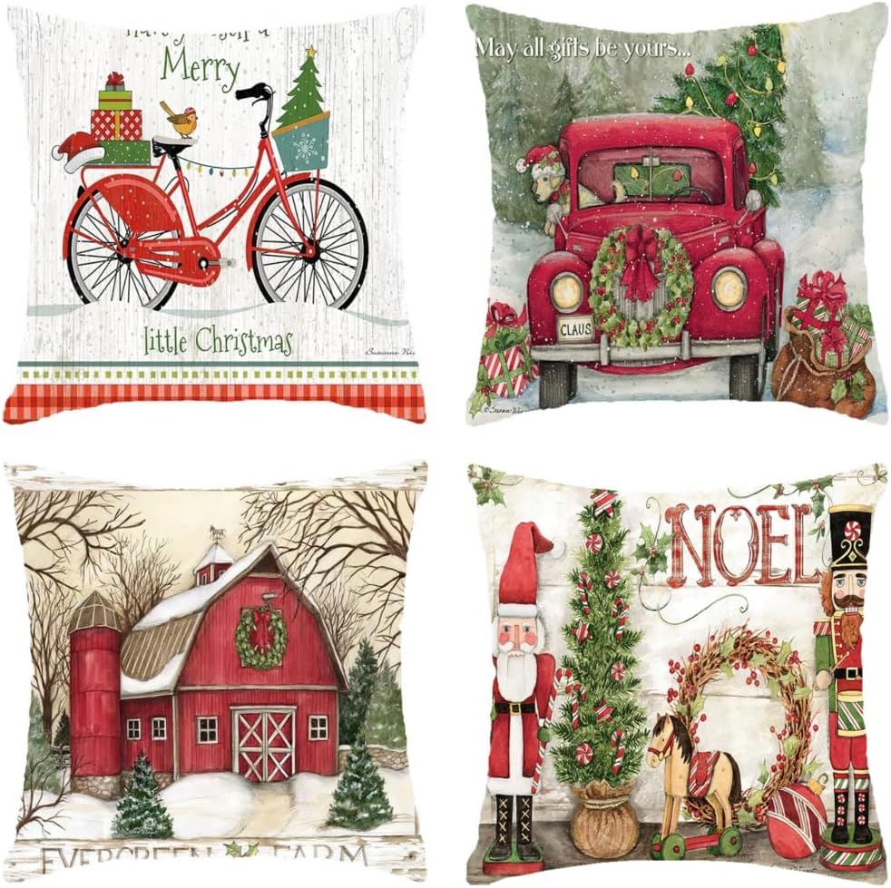 Gowwfud 18x18 Christmas Throw Pillow Covers 4PCS Xmas Tree Red Farm Truck Red House Bicycle Nutcr... | Amazon (US)