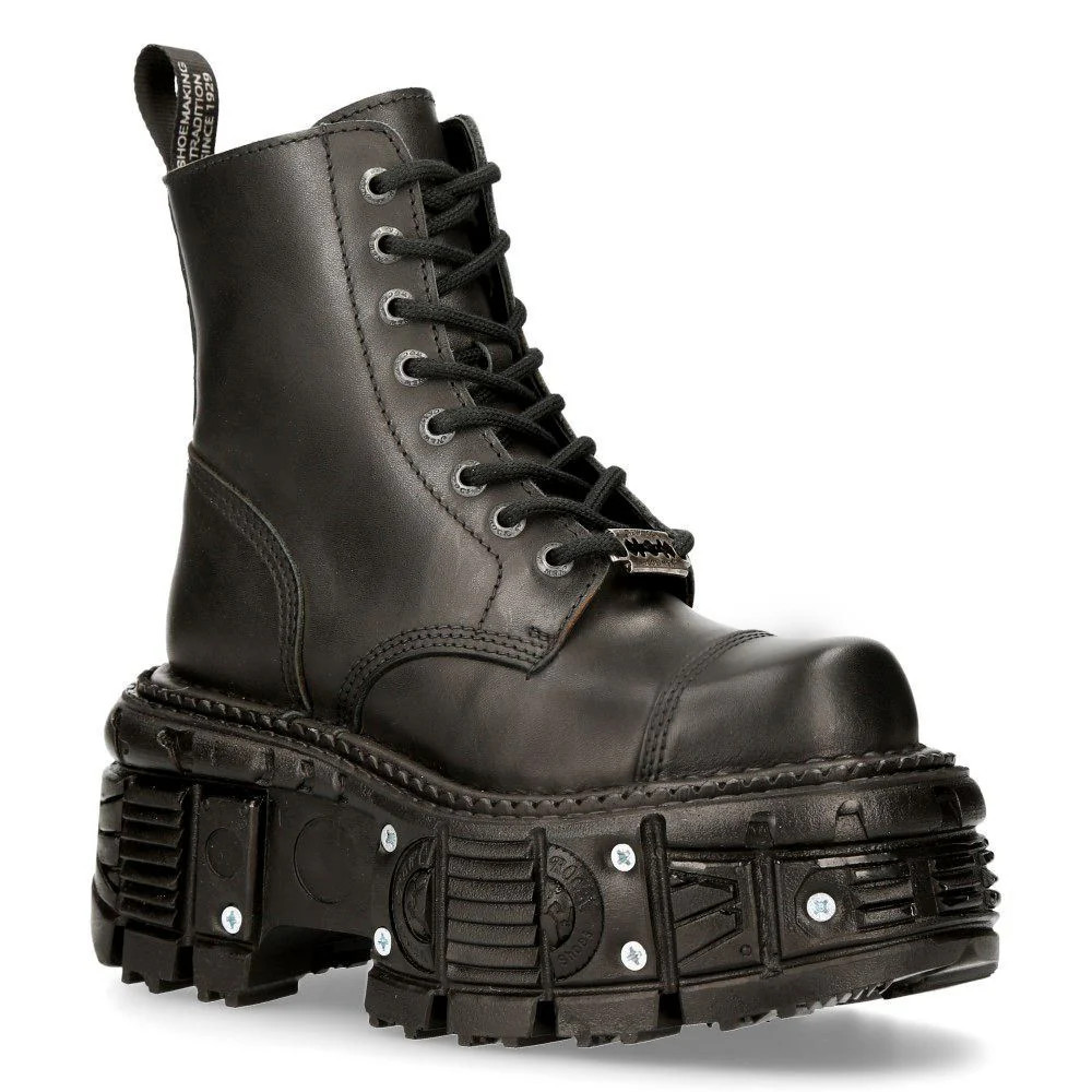 New Rock Unisex Black Leather Combat Platform Boots- TANK083-C1 | Shop Simon