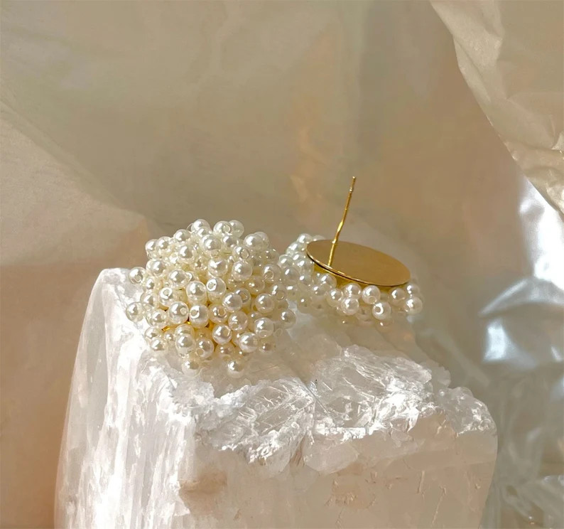 Beaded Pearl Cluster Earrings, Vintage Handmade Beaded Pearl Ear Studs, Pearl Ball Earrings,s925 ... | Etsy (US)