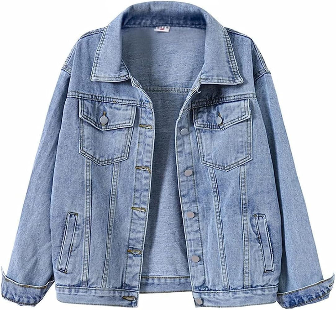 loveimgs Women's Classic Collared Button Down Distressed Oversize Boyfriend Unlined Denim Trucker... | Amazon (US)