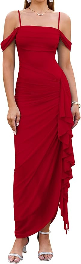 HTZMO Women Elegant Bodycon Maxi Dress Ruched Ruffle Slit Wedding Gutst Formal Cocktail Party Lon... | Amazon (US)