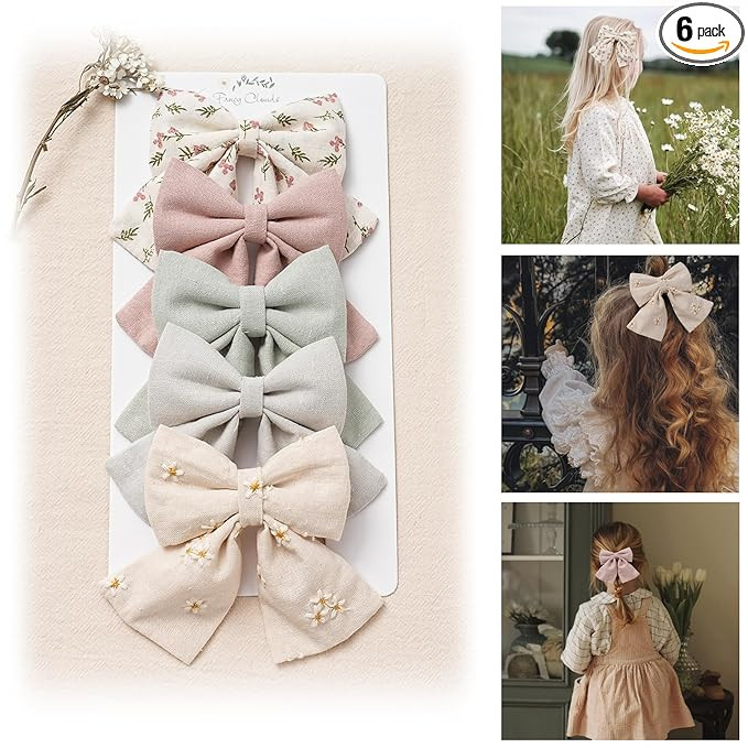 Hair Bows with Hair Clips for Girls Toddler Baby,Handmade 5" Flower Print Embroider Big Bows,FANC... | Amazon (US)