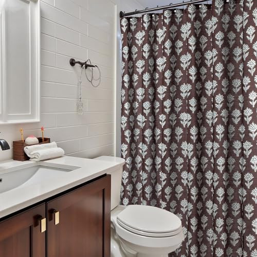 MUGINYU Brown Floral Shower Curtain Vintage Block Print - 72x72 Inches,Cotton Blend Cloth Fabric,Neutral Farmhouse Decorative French Country Bathroom Decor, Cottagecore Aesthetic Pattern | Amazon (US)