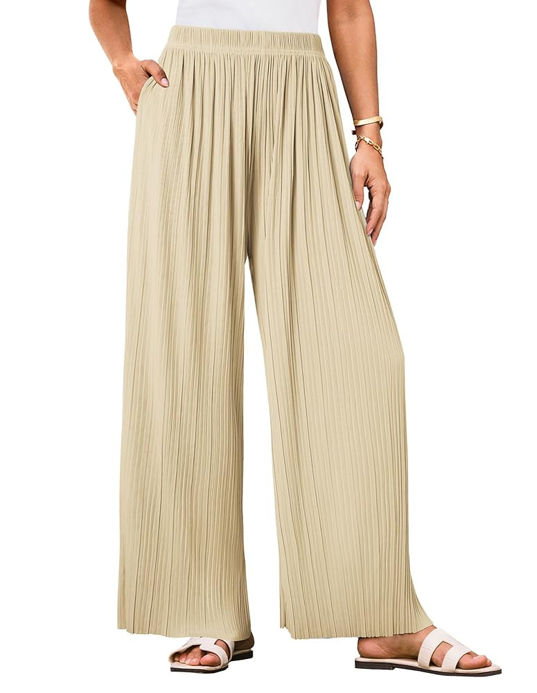 GRACE KARIN Women Wide Leg Pants Pleated Work Dress Pants Elastic Waisted Pull on Business Casual... | Amazon (US)