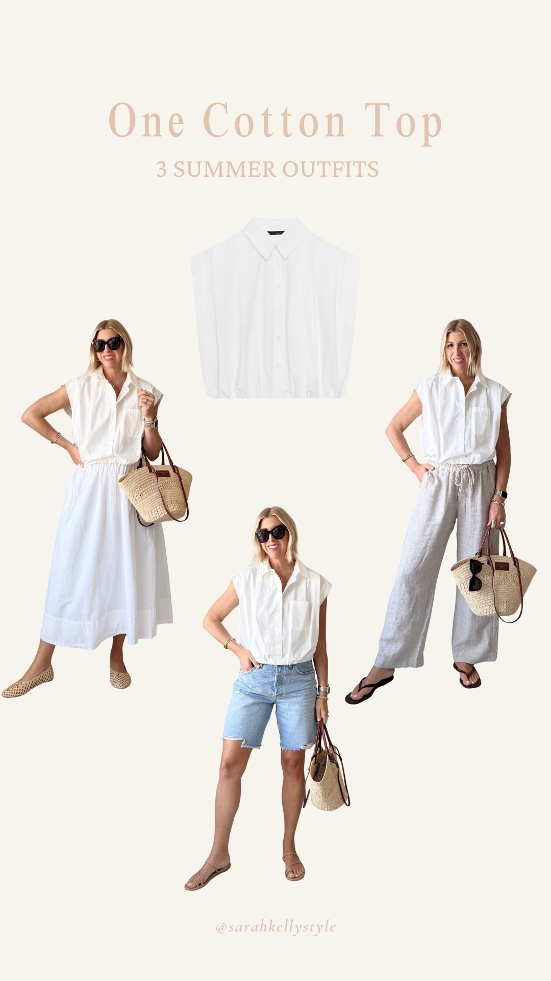 A crisp cotton blouse is the summer wardrobe piece that makes everything look instantly more polished.

Styled three ways: with a white skirt, denim shorts, and linen pants — because busy 40+ working gals need pieces that work harder than they do.

Easy, elevated, and endlessly versatile for Soft Girl Summer. Linking the blouse + all three outfit details here. #LTKStyleTip #LTKOver40 #LTKWorkwear

#LTKootd #LTKSeasonal #LTKOver40