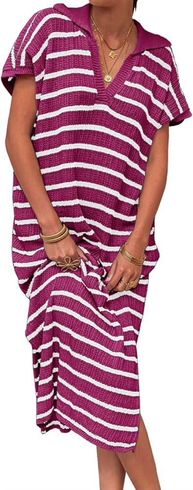 Saodimallsu Womens Striped Summer Dresses Short Sleeve V Neck Knit Collared Sexy Slit Loose Maxi ... | Amazon (US)