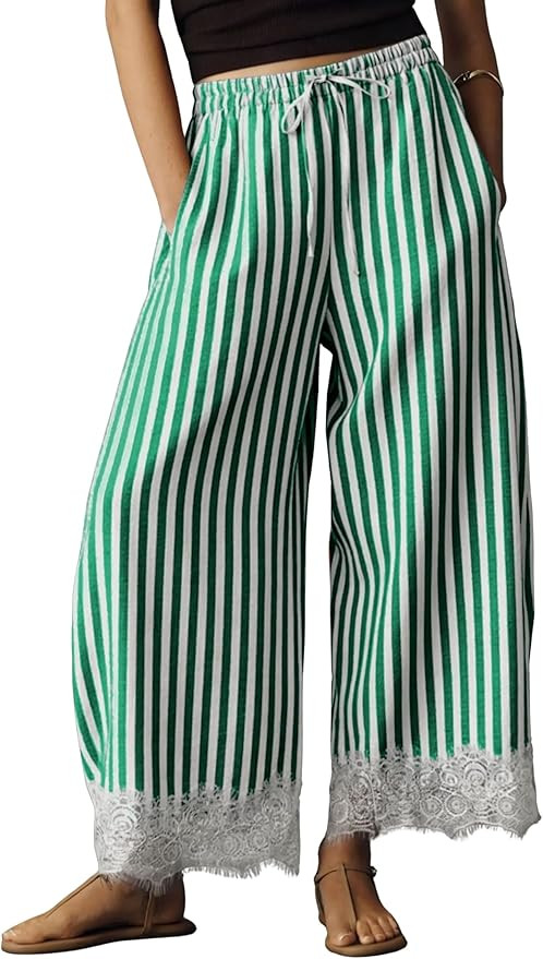 MINSURE Women's Striped Wide Leg Pants Drawstring Waist Lace Hem Cropped Trousers Casual Flowy Su... | Amazon (US)