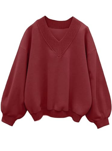 Hilinker Womens V Neck Oversized Sweatshirts Cute Pullover Drop Shoulder Long Sleeve Tops Burgundy X-Large | Amazon (US)