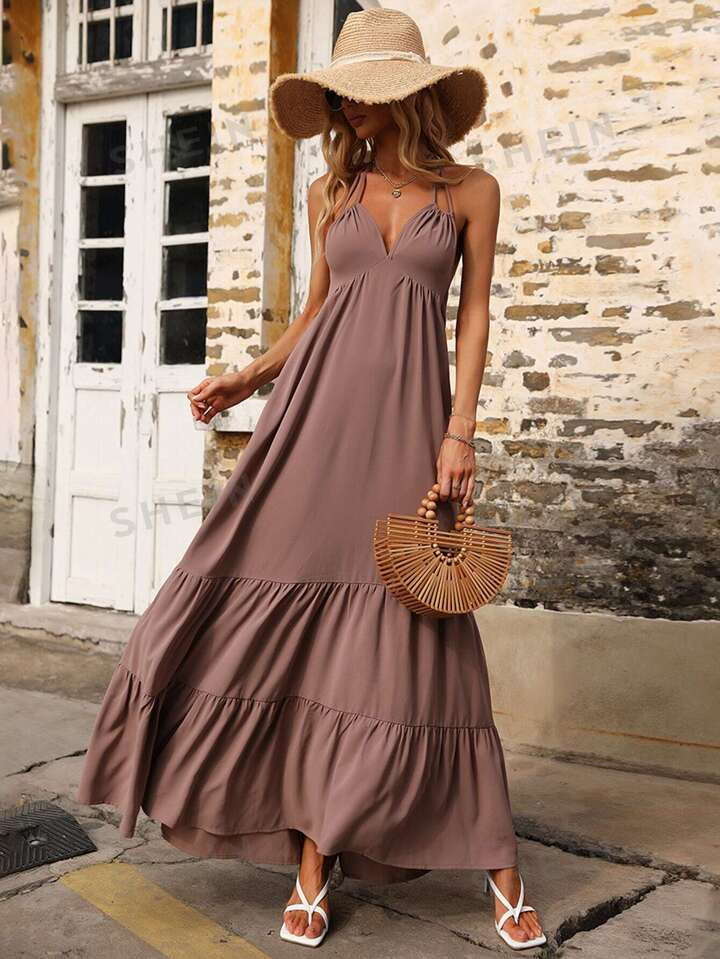 SHEIN VCAY Ruffle Hem Backless Halter Neck Dress | SHEIN