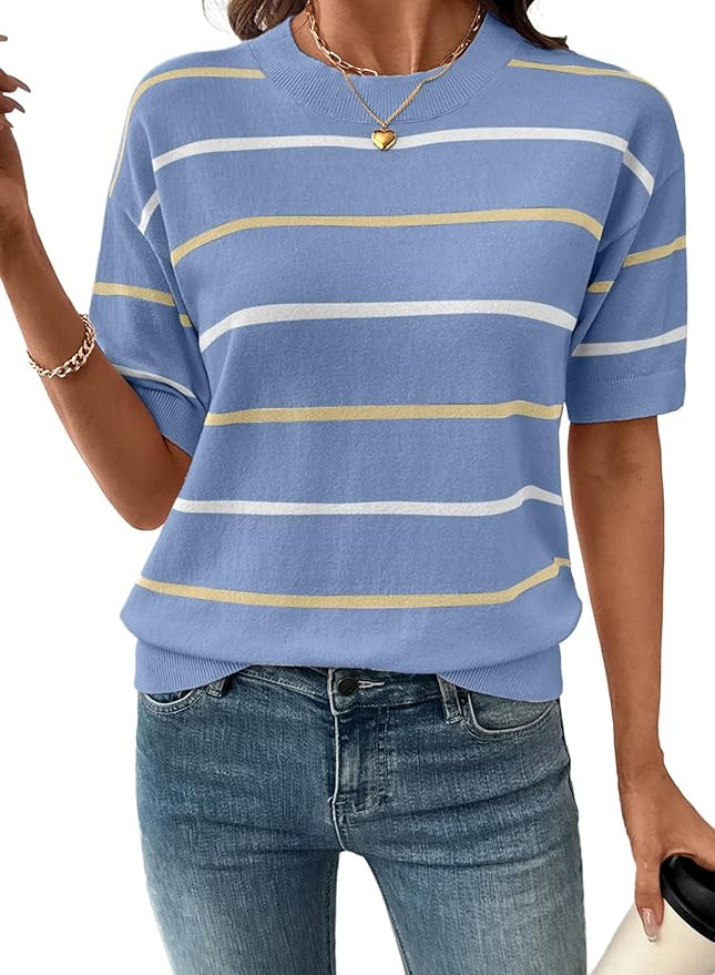 SHEWIN Womens Tops Crewneck Short Sleeve Sweater Pullover Knit Striped Shirt Spring Outfits for W... | Amazon (US)