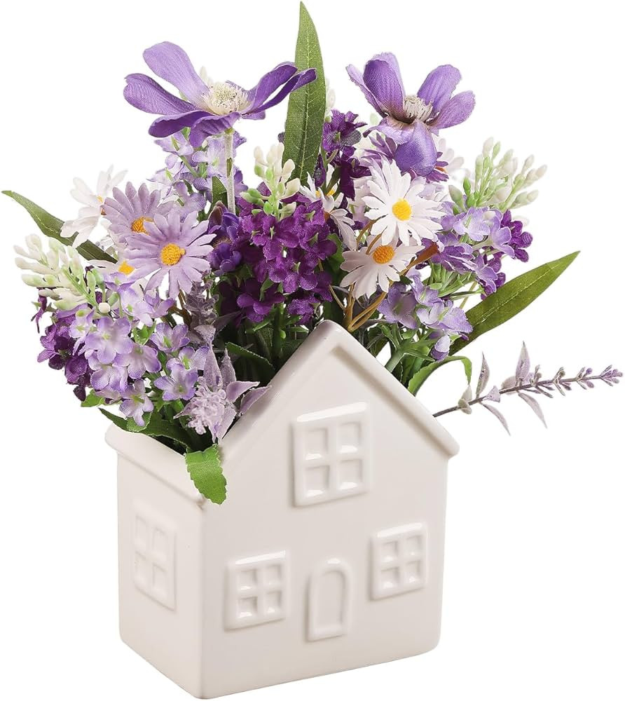 Small Fake Flowers Plants, Mini Artificial Lavender Flowers Purple Daisy in Ceramic Pot, Faux Pot... | Amazon (US)