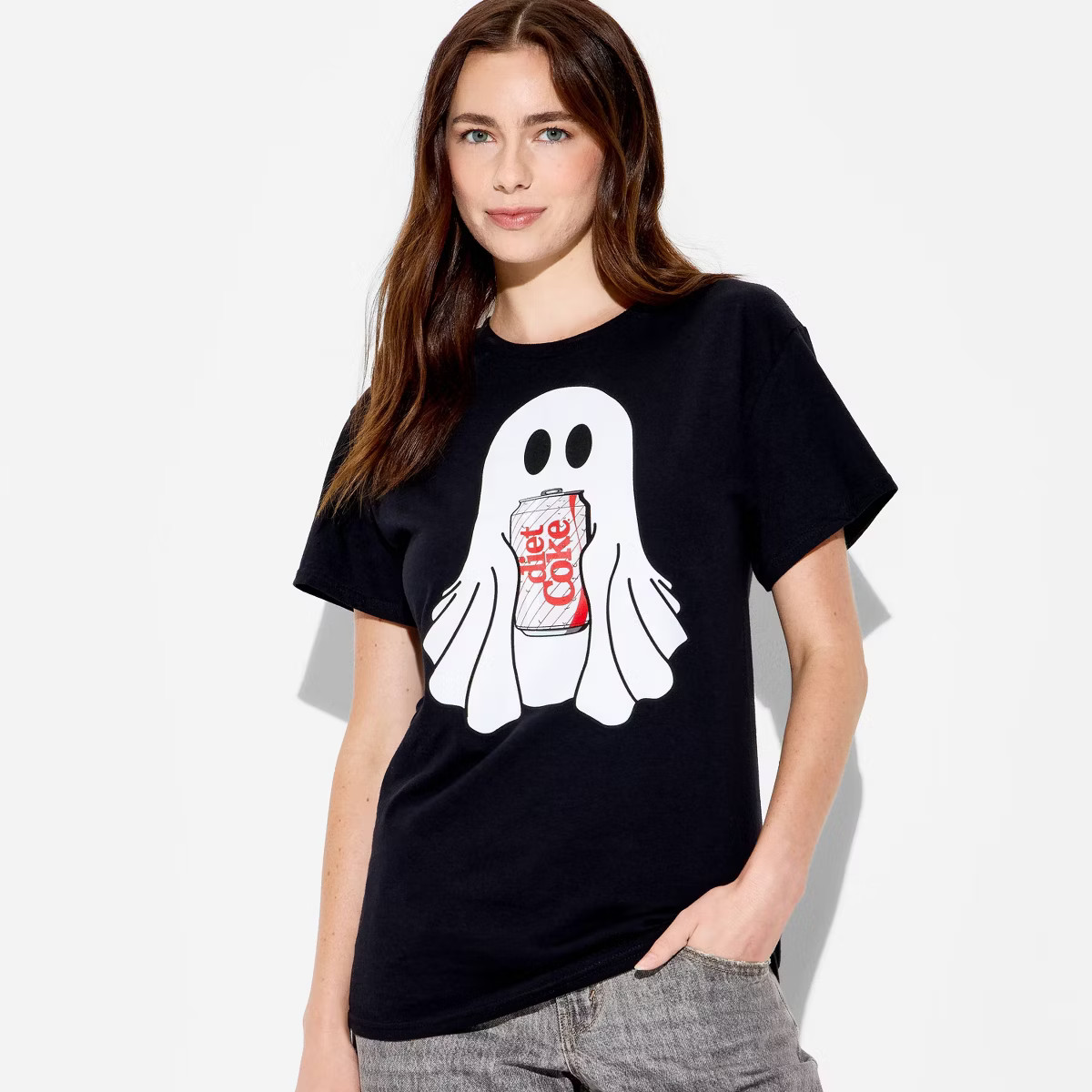 Women's Ghost Coke Halloween Oversized Short Sleeve Graphic T-Shirt - Black XS | Target
