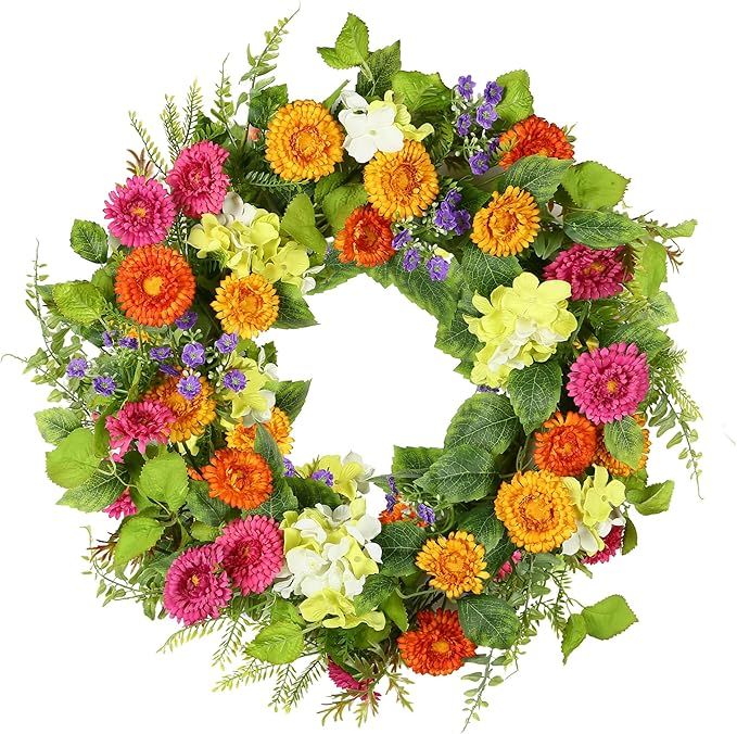 YNYLCHMX 18" Spring Door Wreath with Daisy Flowers & Green Tea Leaves, Artificial Floral Wreath G... | Amazon (US)