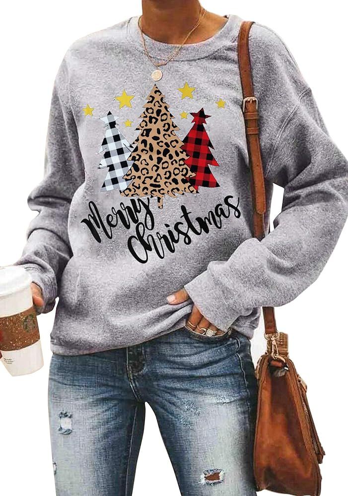 Merry Christmas Sweatshirt for Women Christmas Plaid Leopard Tree Print Shirt Blouse Long Sleeve ... | Amazon (US)