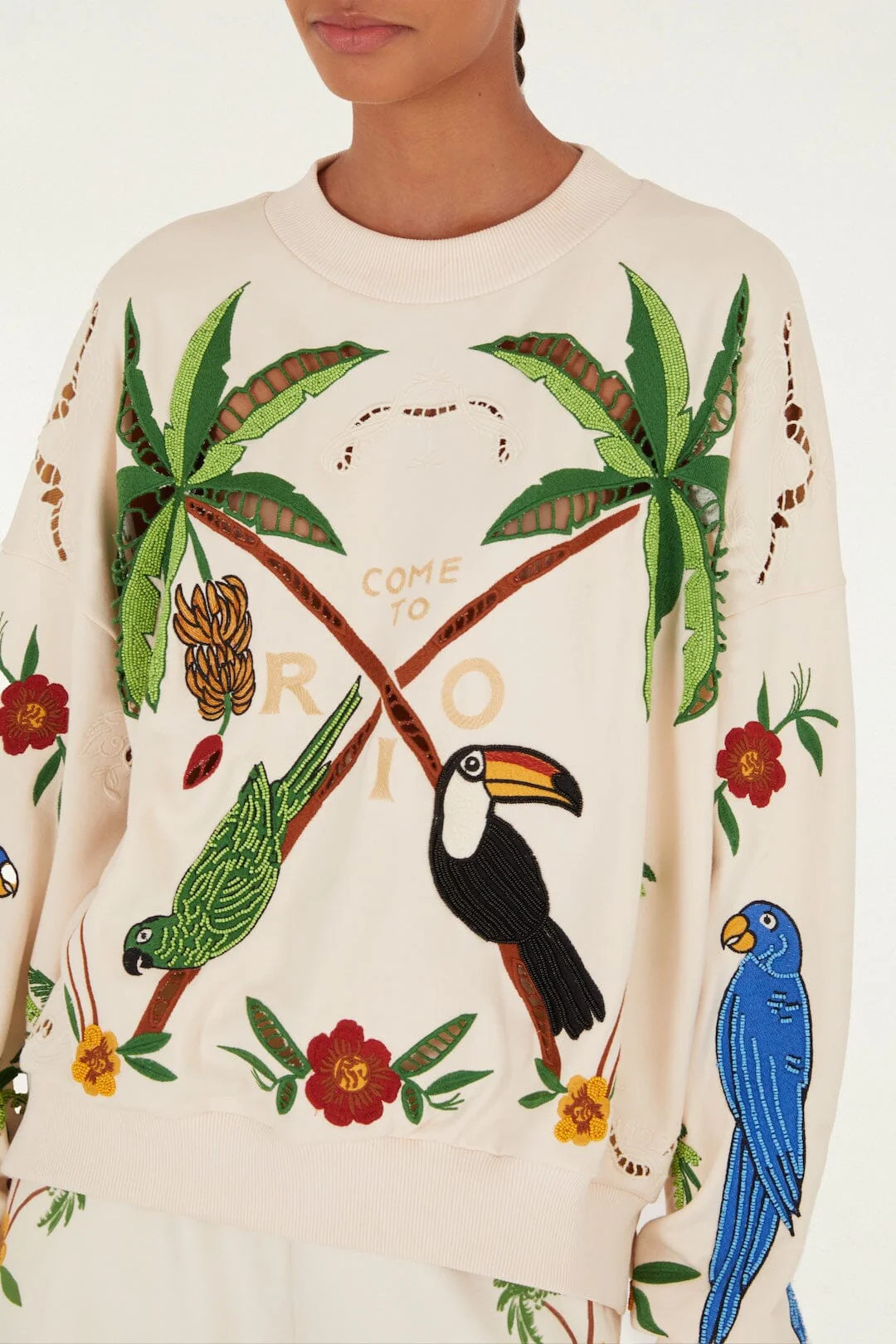 Off-White Coconut Trees Come To Rio Embroidered Sweatshirt | FARM Rio | FarmRio (US)