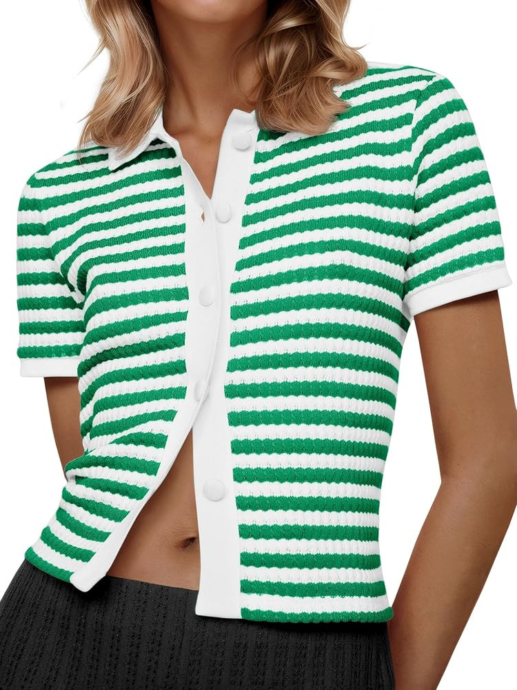 Saodimallsu Womens Striped Short Sleeve Sweater Tops Polo Collared Button Crochet Summer Cropped ... | Amazon (US)