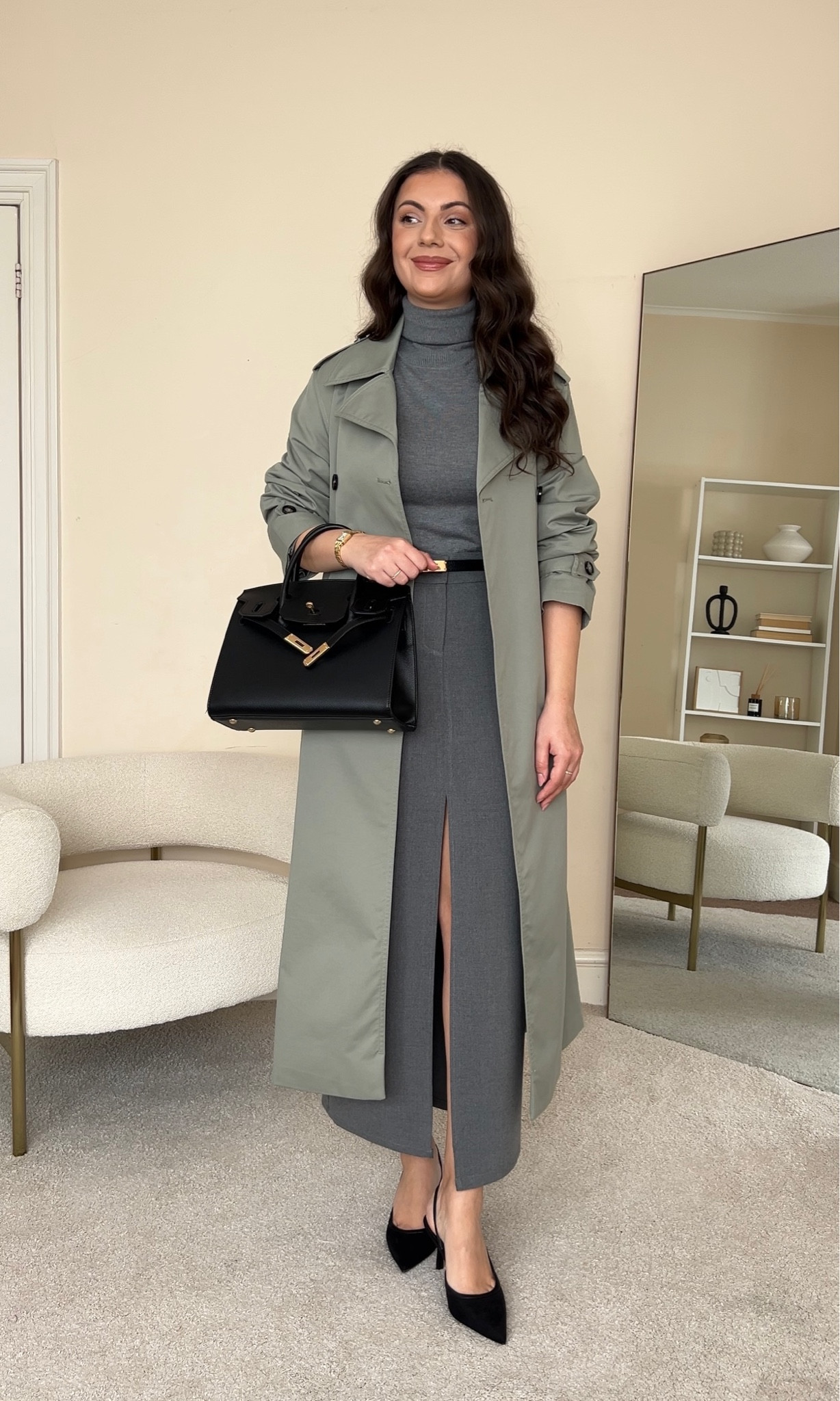 Styling a light green trench coat for Spring. Work outfit with a skirt and light green trench coat. Light green and grey colour combination.
Top is from Mango, wearing size S. Trench coat is from Mango, wearing size S. Skirt is from Pretty Lavish, wearing size UK10.

#LTKworkwear #LTKeurope #LTKstyletip