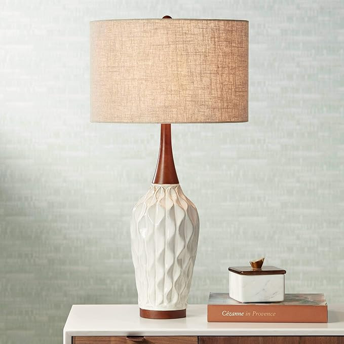 Rocco Mid Century Modern Table Lamp White Geometric Ceramic Wood Tan Fabric Drum Shade for Living... | Amazon (US)