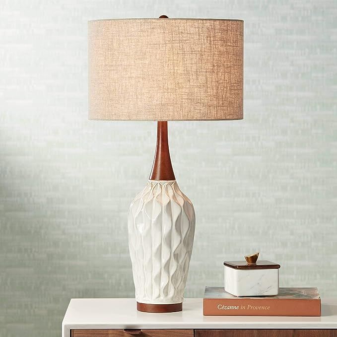 Rocco Mid Century Modern Table Lamp White Geometric Ceramic Wood Tan Fabric Drum Shade for Living... | Amazon (US)