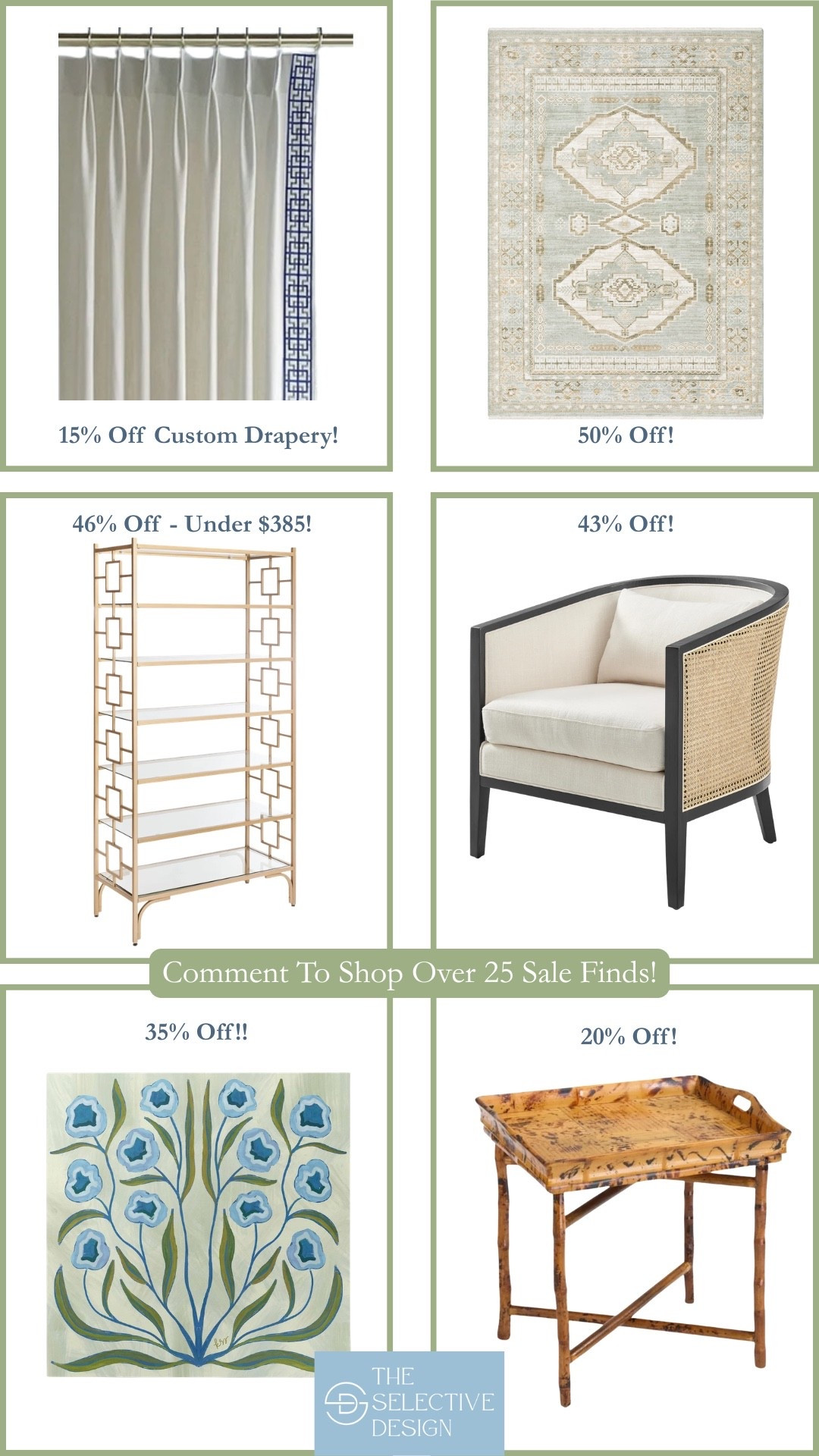 So many great home decor finds on sale! Gorgeous Custom Drapery at a discounted price, a classic living room rug 50% off, a pretty gold bookshelf - perfect for an office, a classic living room chair at a great price, a pretty Etsy floral fine art print on sale, and a gorgeous tortoise side table on sale! 

Classic living room decor | traditional living room decor | Grandmillennial living room decor | home decor on sale | affordable home decor | sale finds 

#LTKHome #LTKSaleAlert