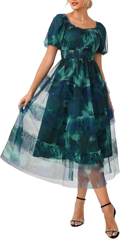 GRACE KARIN Summer Wedding Guest Causal Midi Floral Tulle Dress | Amazon (US)