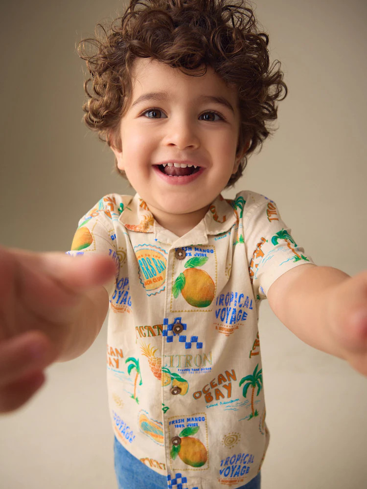 Ecru All Over Print Short Sleeve Revere Collar Printed Shirt (3mths-7yrs) | Next US