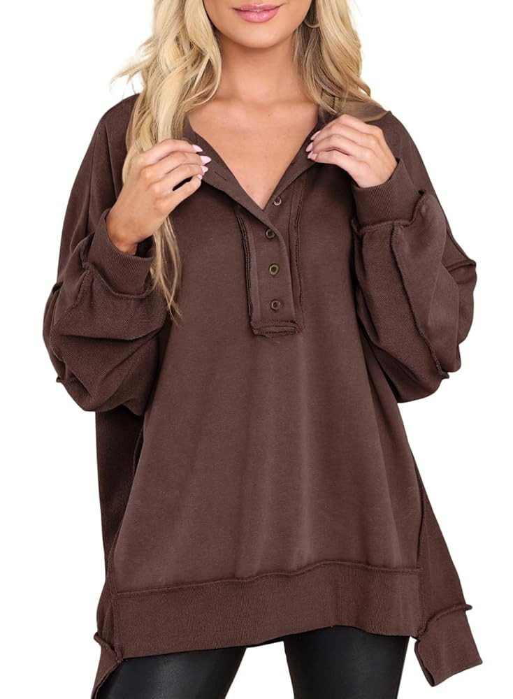 AlvaQ Sweatshirt for Women Oversized Casual Long Sleeve Button Henley Neck Pullover Tunic Tops Fa... | Amazon (US)