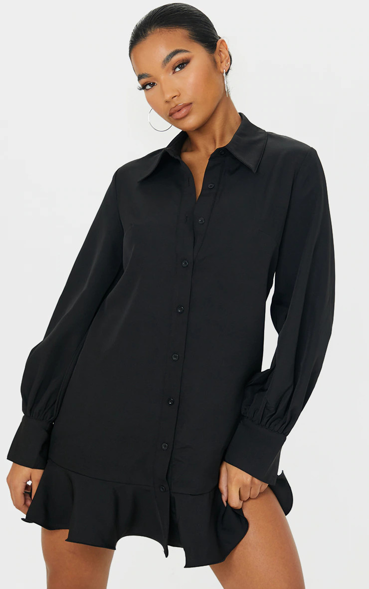 Black Frill Hem Shirt Dress | PrettyLittleThing UK