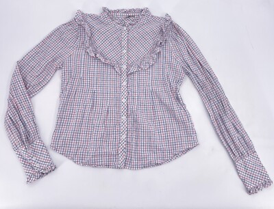 Faherty Shirt Womens Medium Plaid Button Up Long Sleeve Ruffle Mock Neck Designe  | eBay | eBay US