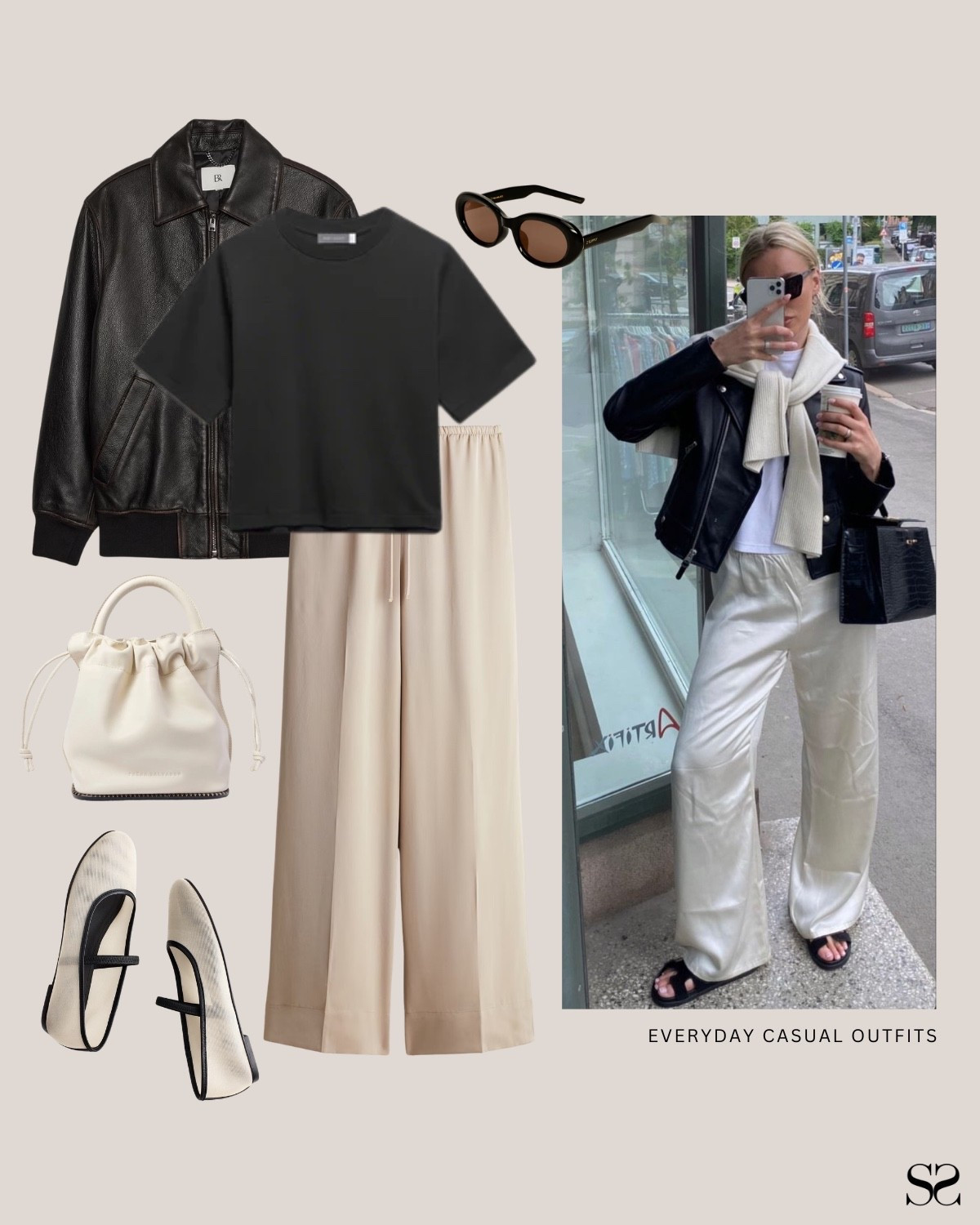 Outfit idea when you want to feel put together without doing more: Cream wide leg trousers with a black tee and a leather jacket. The contrast is what makes it work. 

Inspo: Pinterest 

Cream wide leg trousers, black tee, leather jacket, white ruched bag, mesh flats

#LTKSeasonal #LTKootd #LTKgrwm