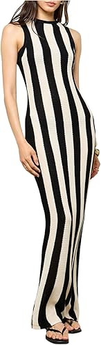 Milumia Women's Striped Knit Maxi Tank Dress Crew Neck Sleeveless Long Bodycon Dresses | Amazon (US)
