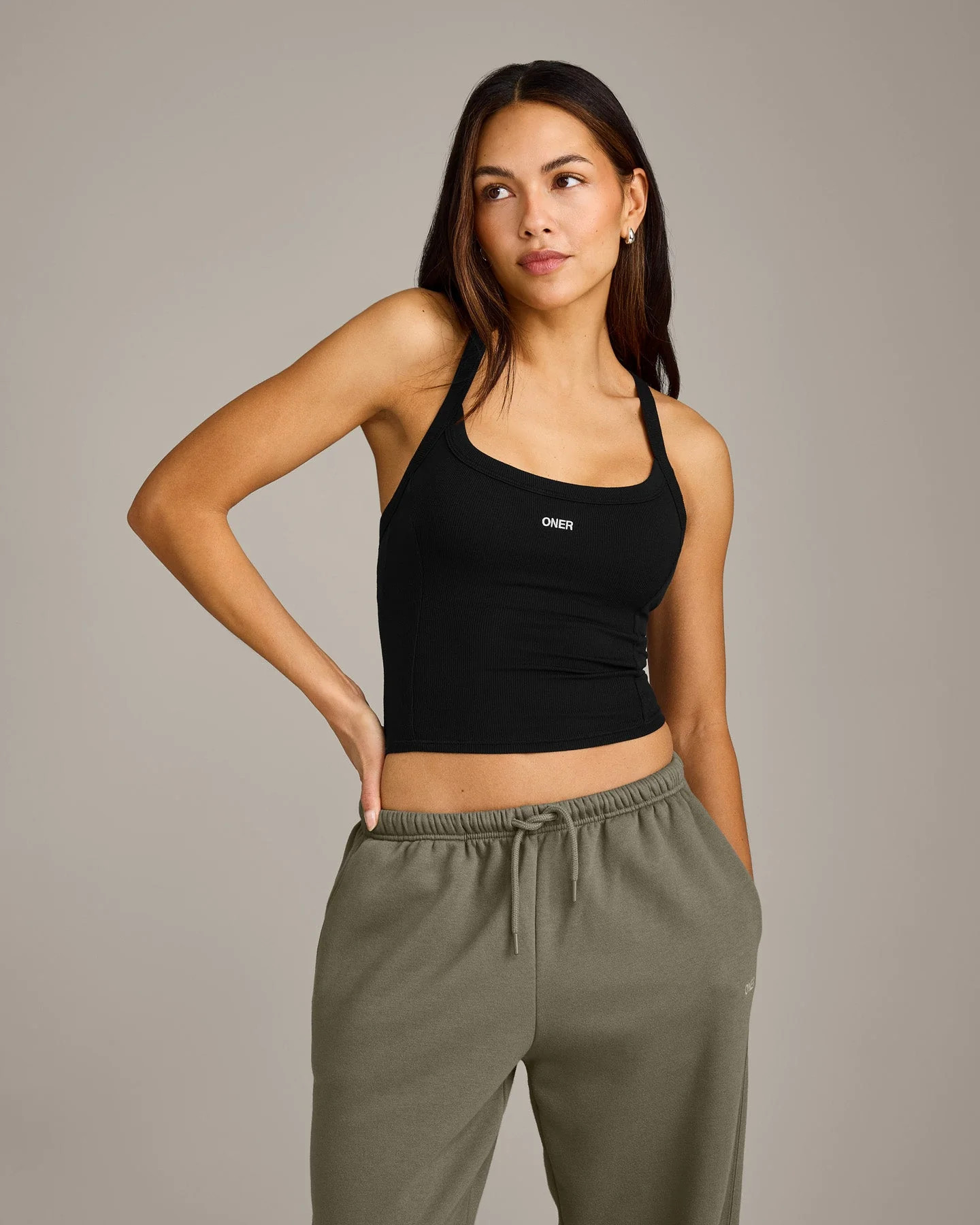 Mellow™ Rib Racer Back Mid Tank Top with Built in Bra Shelf 
 Black | Oner Active (UK / US)