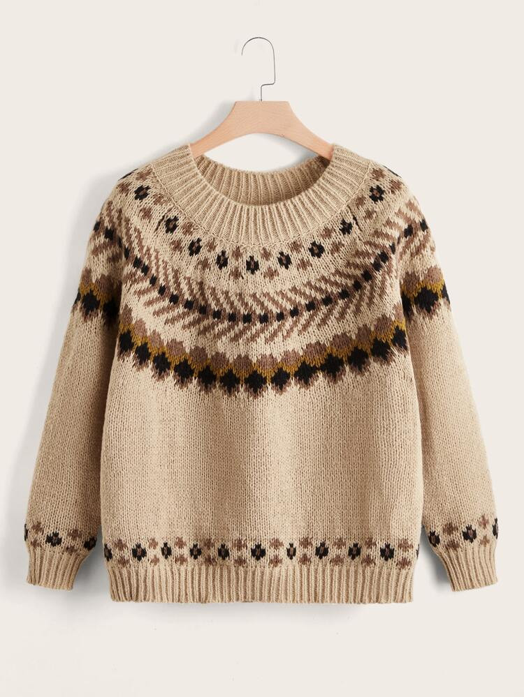 Plus Geo Pattern Raglan Sleeve Sweater | SHEIN