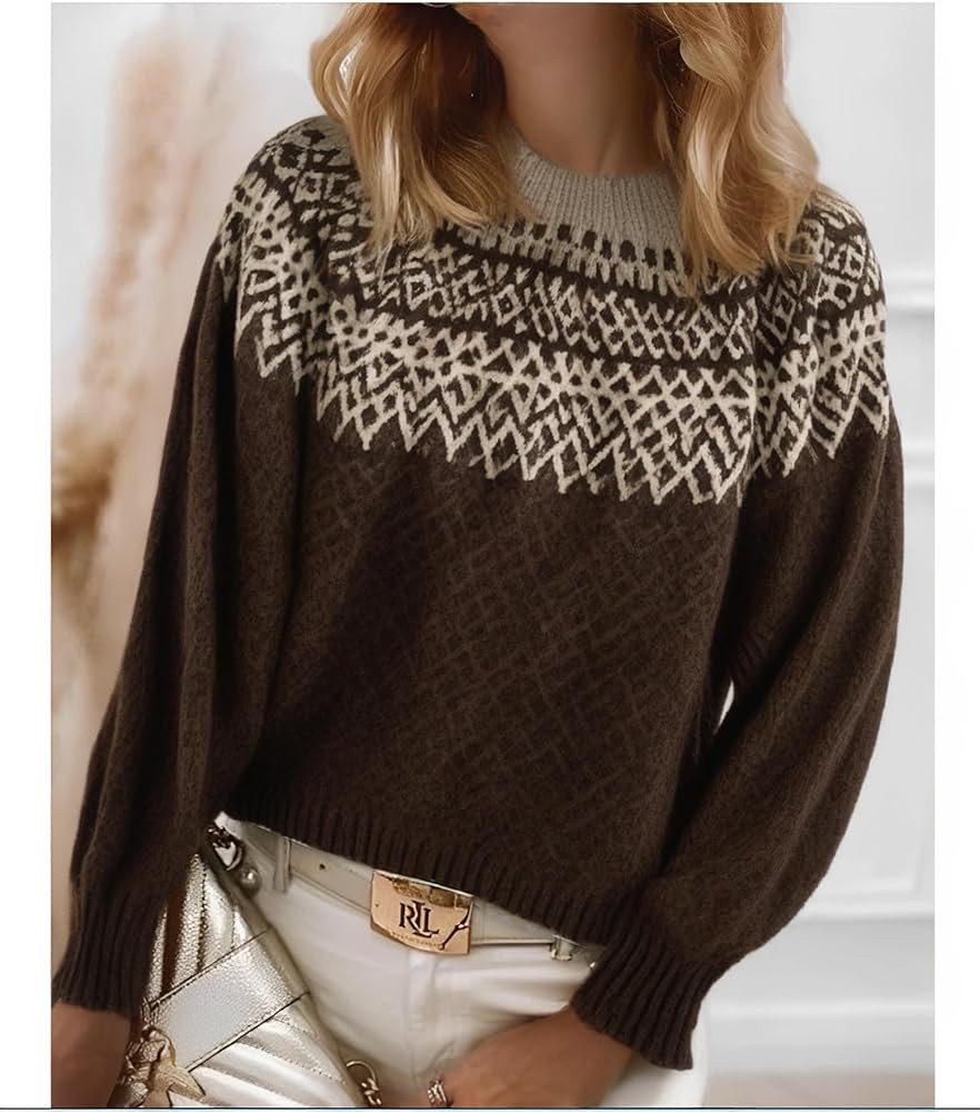 Women's Classic Fair Isle Pattern Knit Sweater 2024 Trendy Casual Loose Crewneck Long Sleeve Ligh... | Amazon (US)