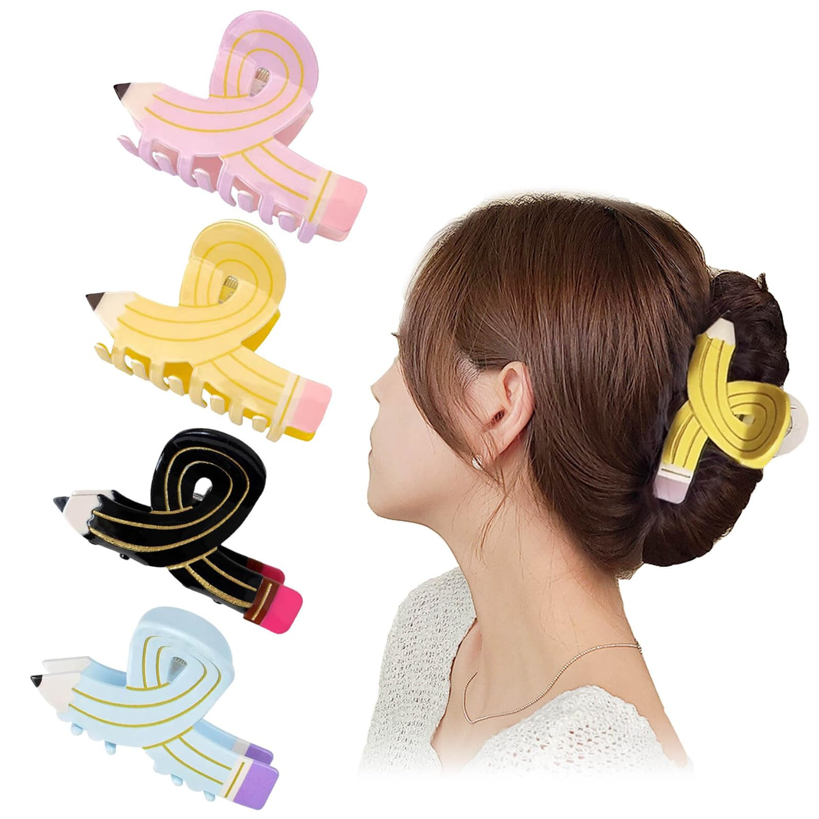 4 Pcs Pencil Hair Claw Clips Back to School Hair Claw Clip for Women Teacher, Acetate Claw Clip, ... | Amazon (US)