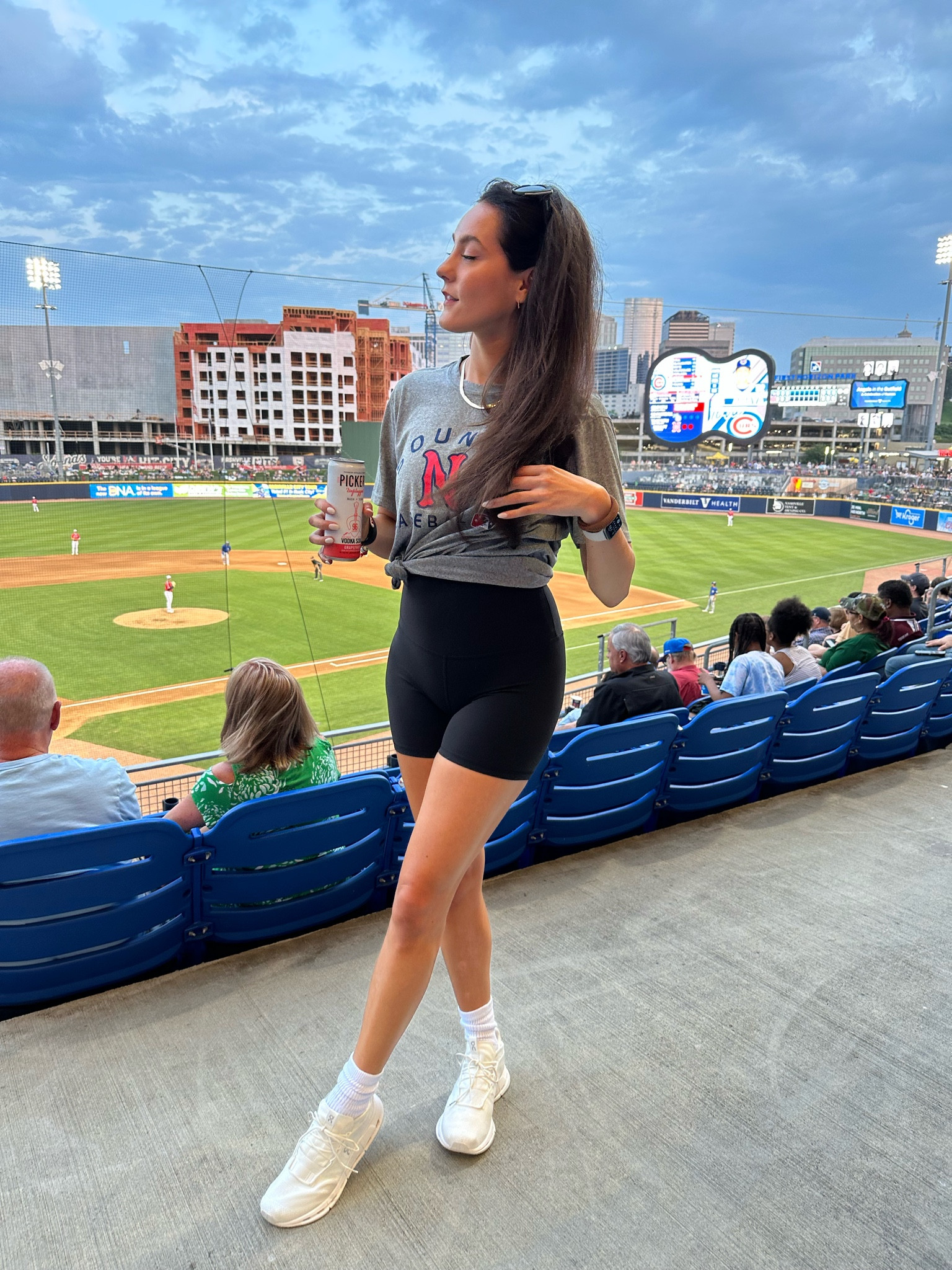 Nashville Sounds baseball tshirt
Lululemon super high rise biker short size 6
On Cloud sneakers 
Tall white socks 
Baseball fit
Nashville 

#LTKshoecrush #LTKFind