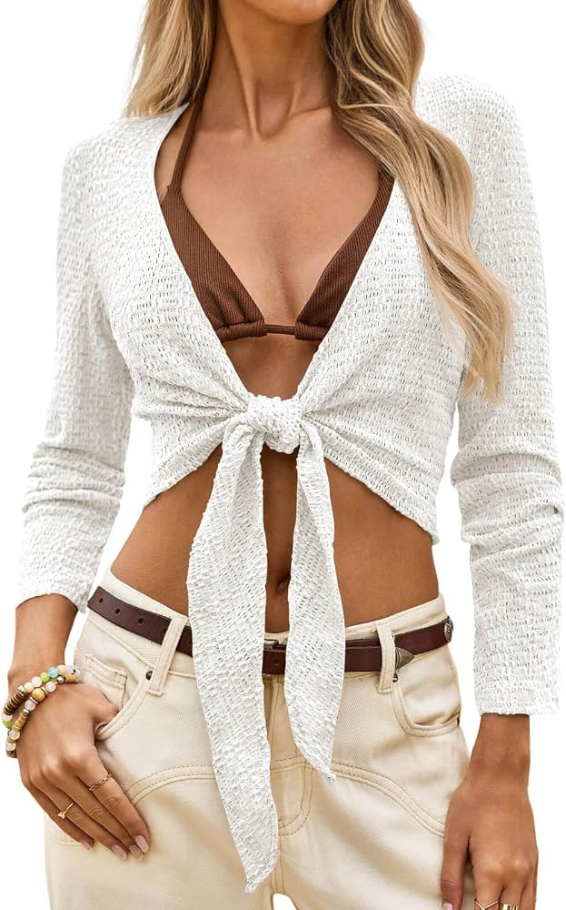 Yousify Women's Tie Front Shrug Bell Long Sleeve Bolero Lightweight V Neck Cardigan Sweater Cover... | Amazon (US)