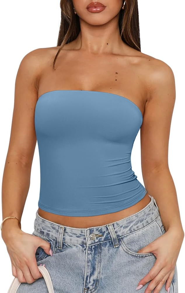 REORIA Women's Strapless Tube Top Double Lined & Non-Slip Y2K Backless Crop Tops for Summer Going... | Amazon (US)