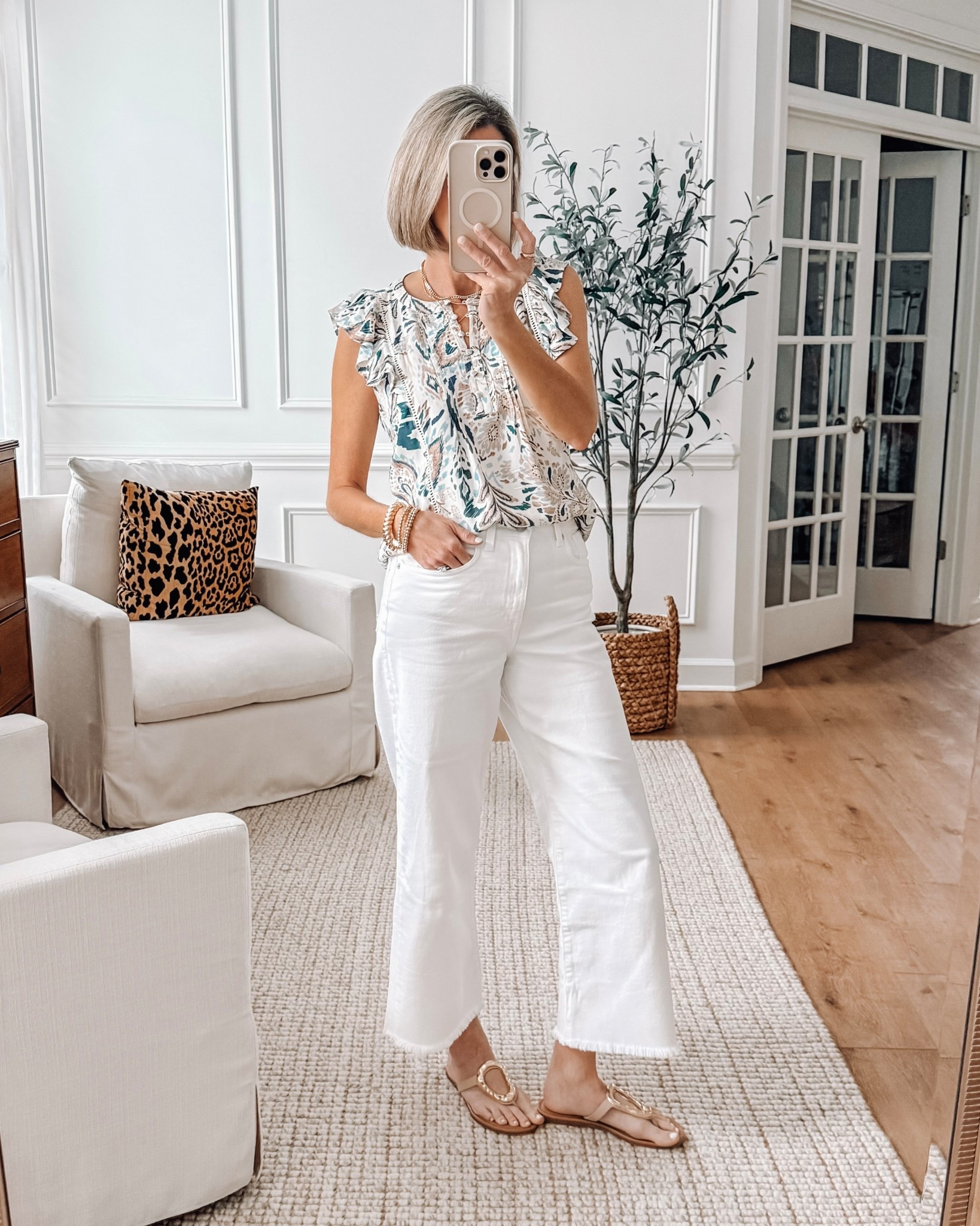 Pretty soft spring colors in this ruffle sleeve top. Wearing a size small. The cutest raw hem on these wide leg cropped white jeans. Wearing 27 could have sized up to 28 


#LTKootd #LTKOver40 #LTKSeasonal