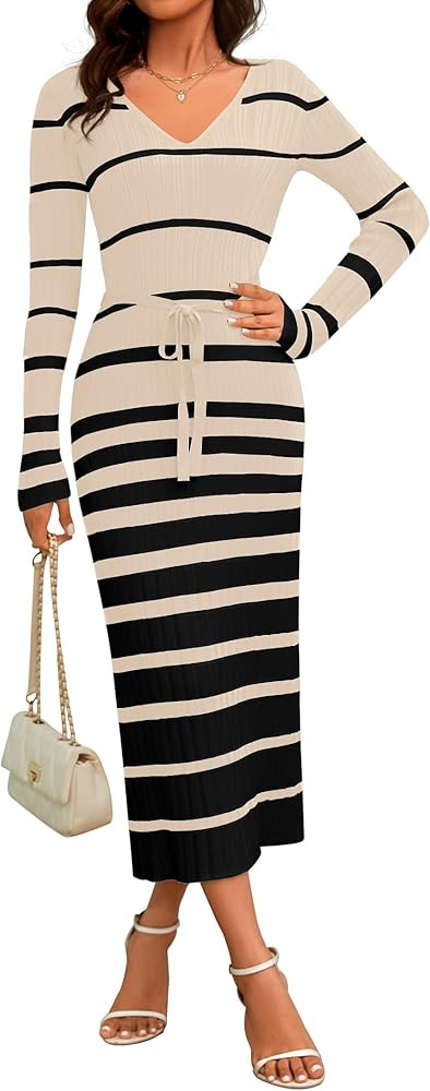 NENONA Women's V Neck Long Sleeve Bodycon Sweater Dress Striped Ribbed Knit Slim Fit Belted Midi ... | Amazon (US)