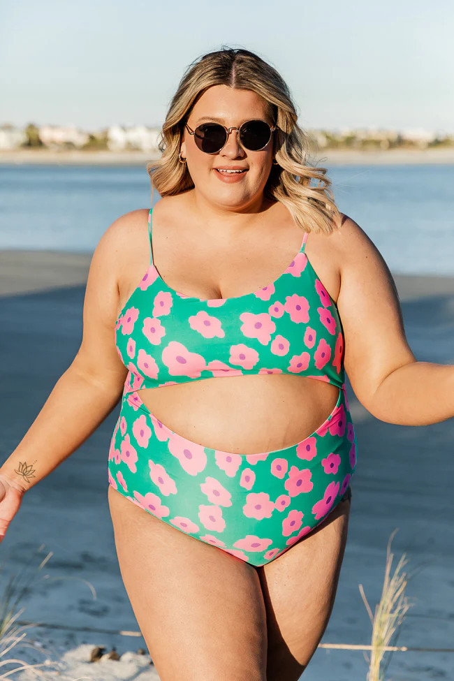 Beachy Babe Green Floral Cut Out One Piece Swimsuit | Pink Lily