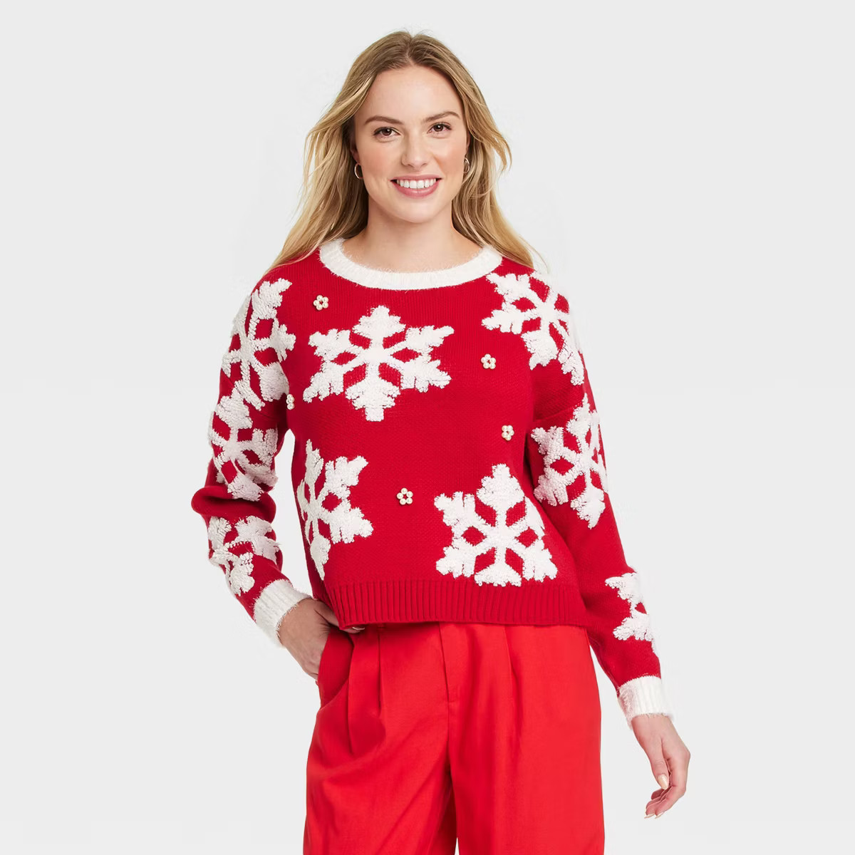 Women's Snowflake Festive Graphic Sweater - Red | Target