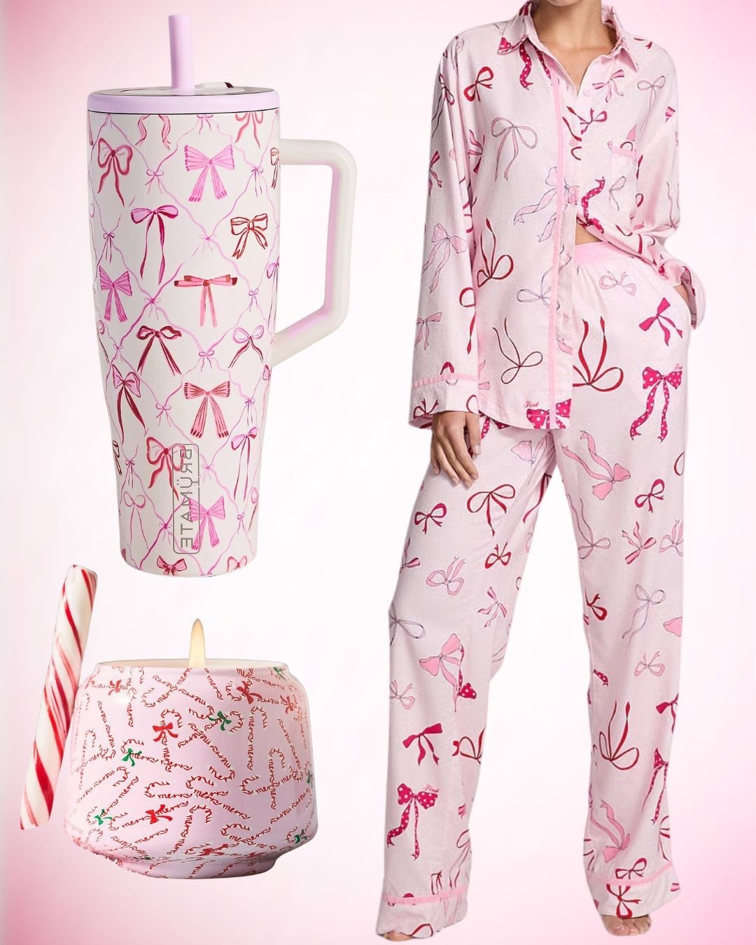 Pink, bows, and cozy vibes gift ideas 🎀 Linking Cozy pink flannel long Pajamas, pink bow BruMate, and a sweet candy cane candle. These would also be perfect for a gift basket! 

#LTKCyberWeek #LTKGiftGuide #LTKFindsUnder100