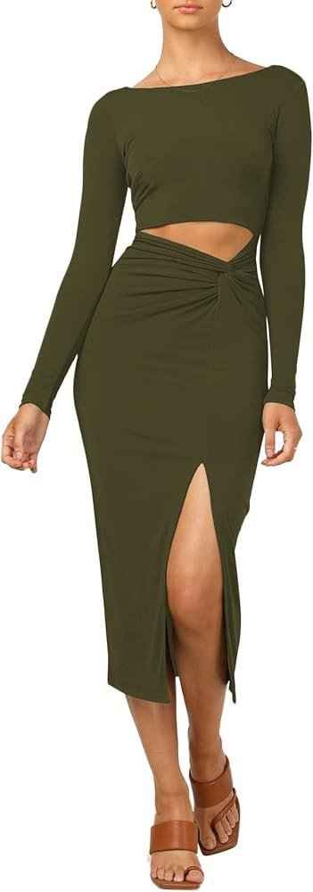 LYANER Women's Scoop Neck Cut Out Long Sleeve Split Hem Bodycon Midi Dress | Amazon (US)