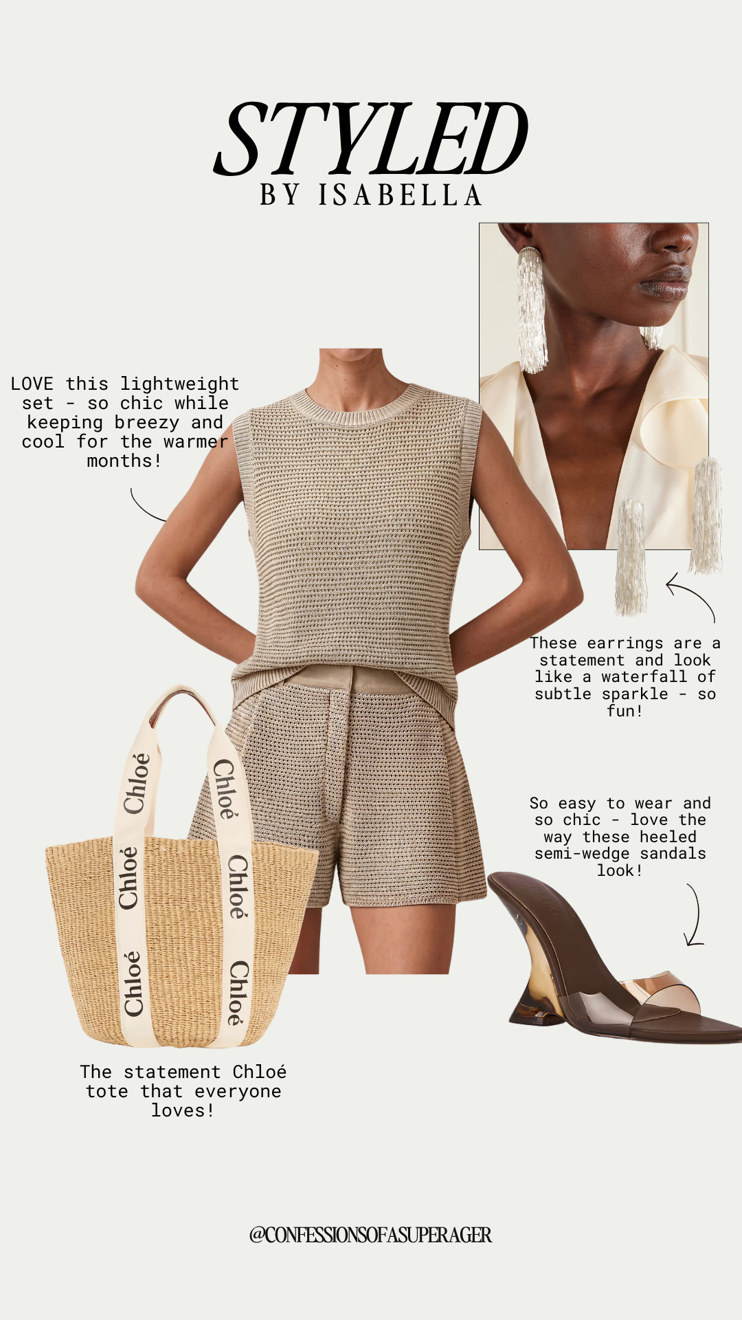 Stay breezy and effortlessly chic through the warmer months with the ultimate resort wear look! This lightweight oatmeal knit matching set, complete with a sleeveless knit top and tailored knit shorts, is the perfect staple for summer vacations, weekend brunch, or casual travel days. To elevate this relaxed aesthetic into quiet luxury territory, I styled it with the iconic Chloé straw tote bag that everyone is obsessed with and a pair of modern clear-strap heeled semi-wedge sandals. The real showstoppers are these stunning waterfall tassel statement earrings that add just the right touch of subtle sparkle and movement. This stylish ensemble is an absolute must-have for your warm-weather wardrobe #ResortWear #KnitSet #ChloeBag #SummerOutfits #VacationStyle #MatchingSet #StrawTote #SummerTrends2026 #WedgeSandals #StatementEarrings #QuietLuxury #AgelessFashion #ShopTheLook

#LTKTravel #LTKootd #LTKSeasonal #LTKSaleAlert