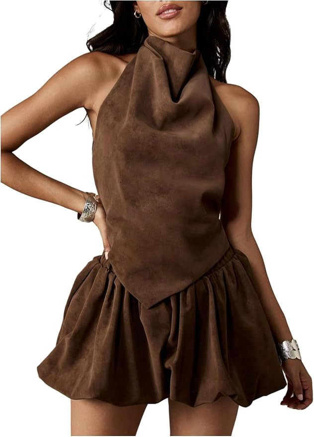 WDIRARA Women's 2 Piece Skirt Set Halter High Neck Backless Top And Smocked Bubble Mini Skirts | Amazon (US)