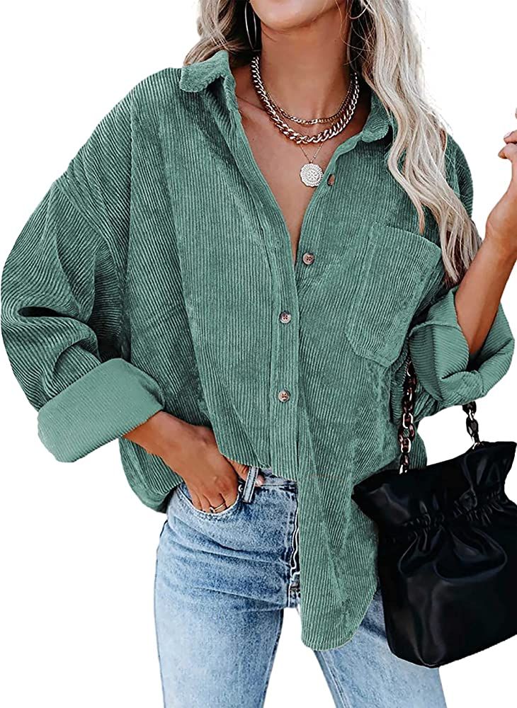 Womens Corduroy Button Down Shacket Casual Long Sleeve Shirt Jacket Oversized Blouses Tops Green ... | Amazon (US)