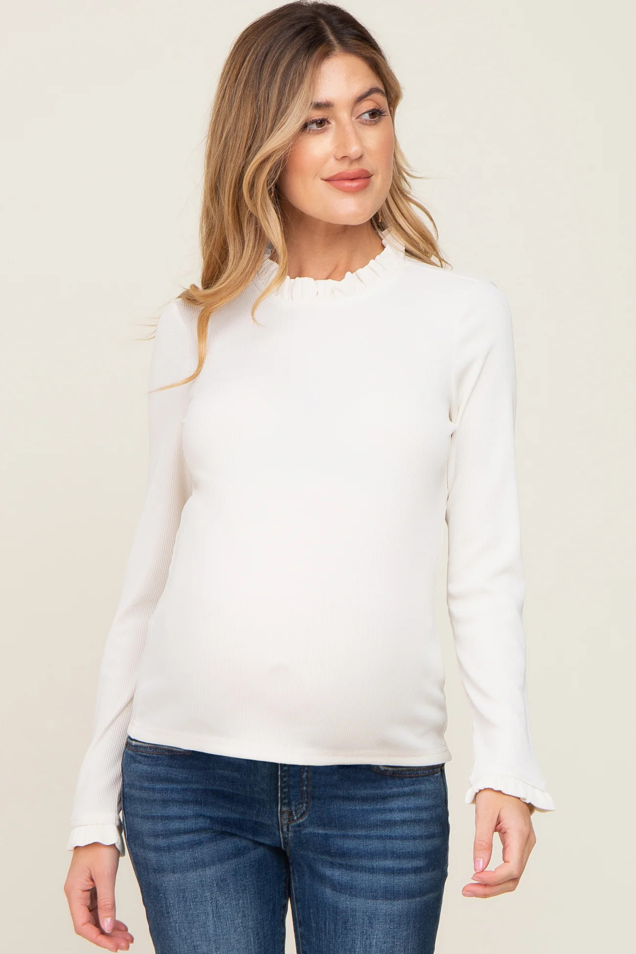 Cream Ribbed Ruffle Neck Long Sleeve Maternity Top | PinkBlush Maternity