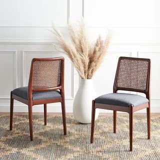 SAFAVIEH Reinhardt Rattan Cushion Dining Chair (Set of 2) - 19" W x 17.5" L x 32" H - Black/White | Bed Bath & Beyond